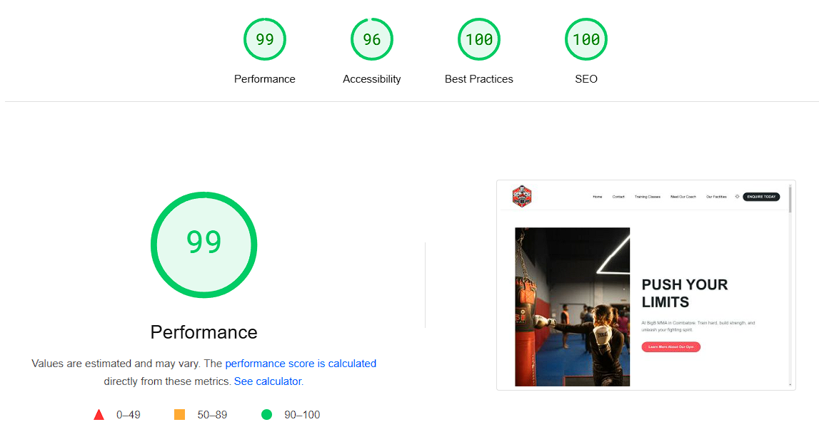 Google PageSpeed Insights results showing near-perfect performance scores for BigB MMA website
