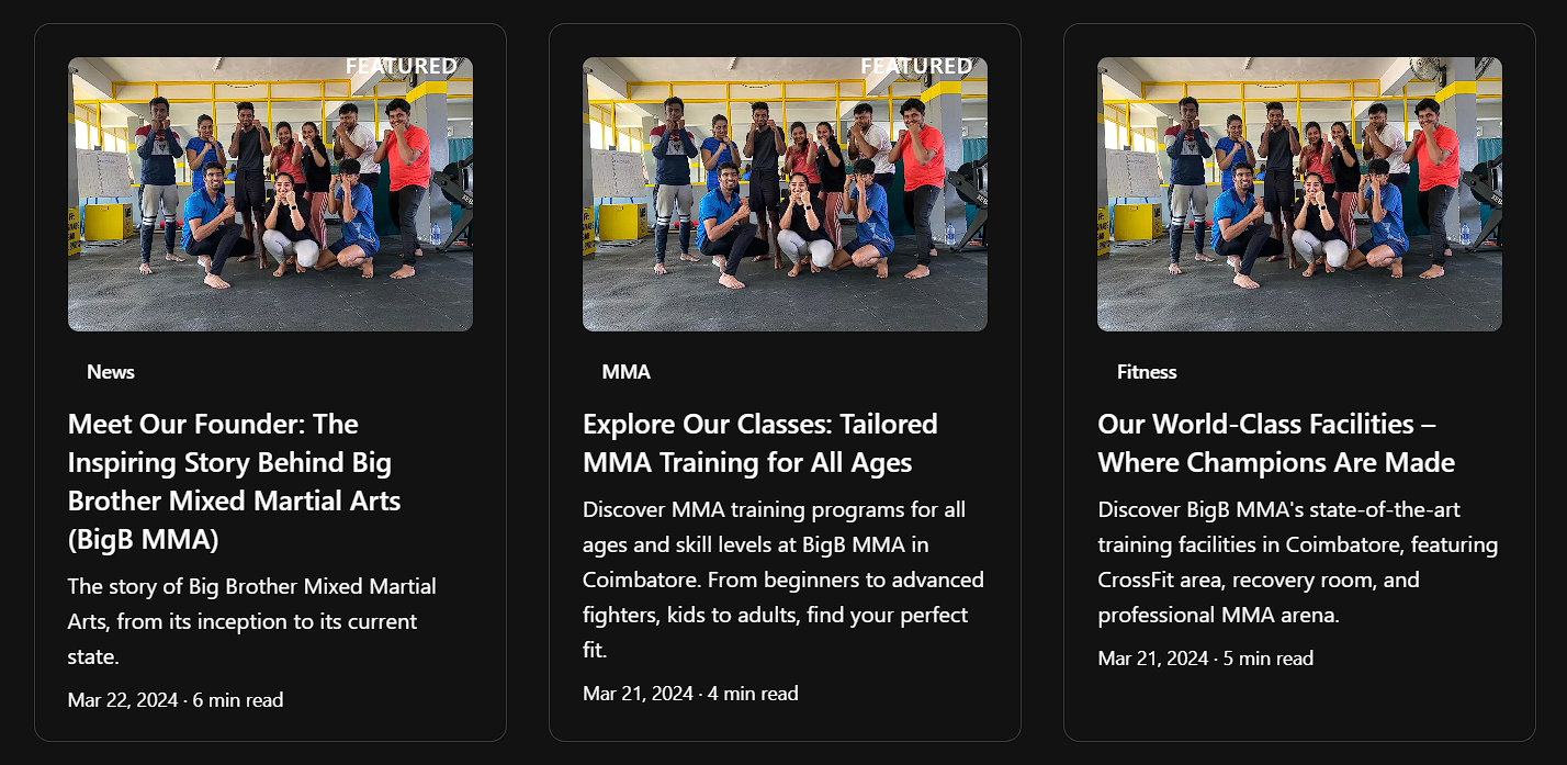 Code structure diagram showing the blog content collection implementation for BigB MMA website