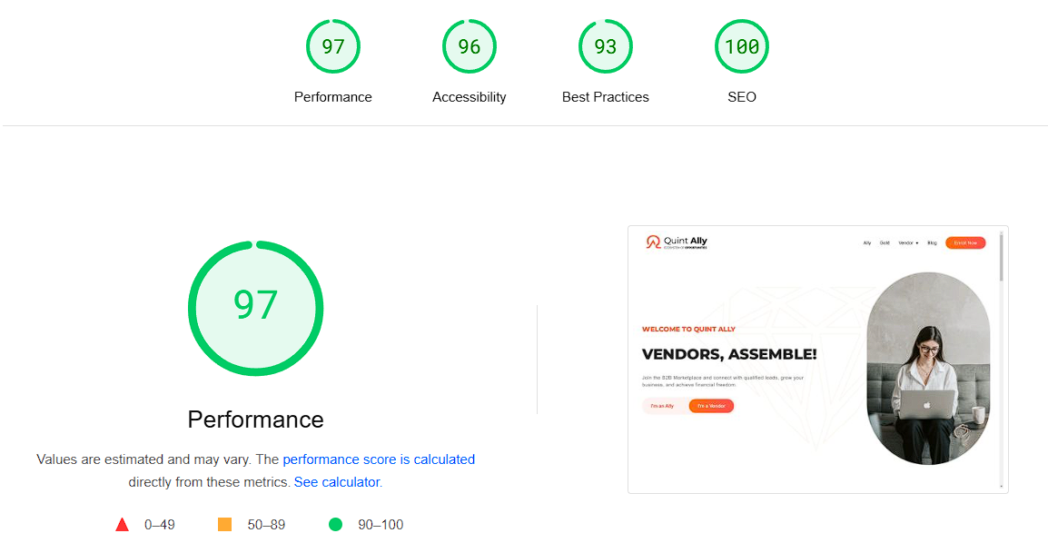 PageSpeed Insights showing excellent performance